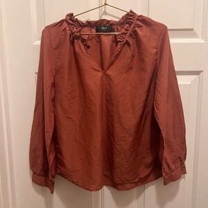Able Terracotta Rust Orange Brown Ruffled Collar V-neck Long-sleeve Blouse | M